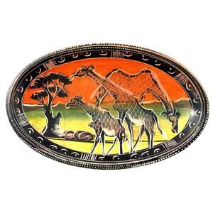 Hand Carved Kenyan Soapstone Dish Giraffe Safari Scene 5x8” African Art